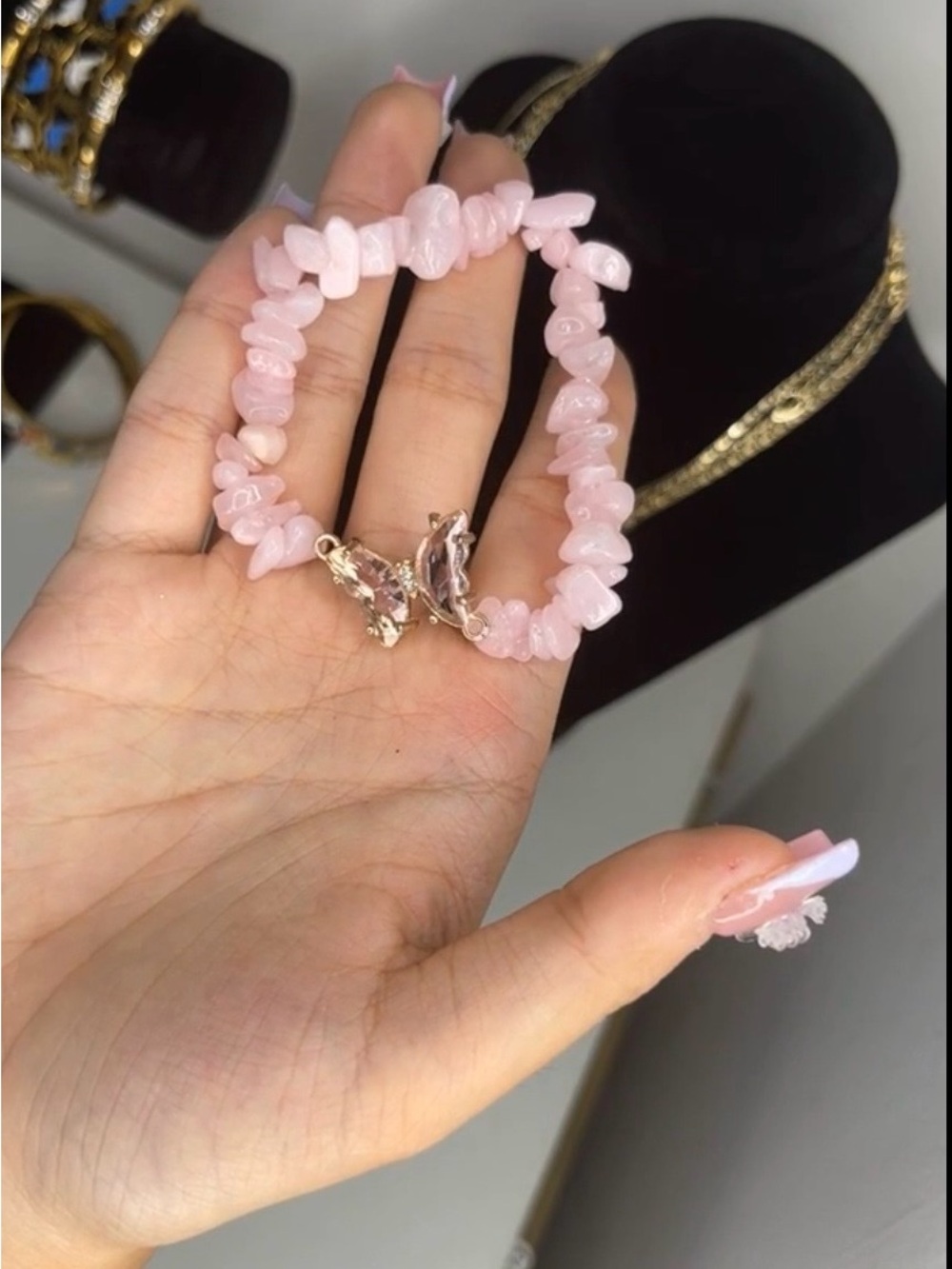 Rose Quartz Chip Bracelet - Pink Beaded Stretch Bracelet